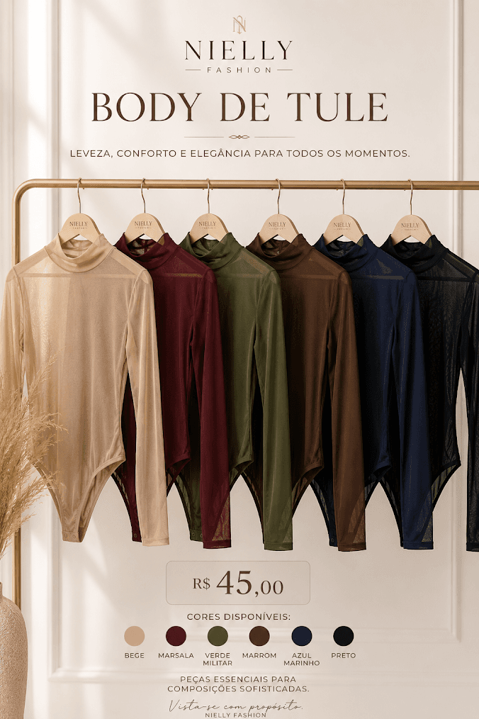 BODY DE TULE FEMININO MANGA LONGA E GOLA